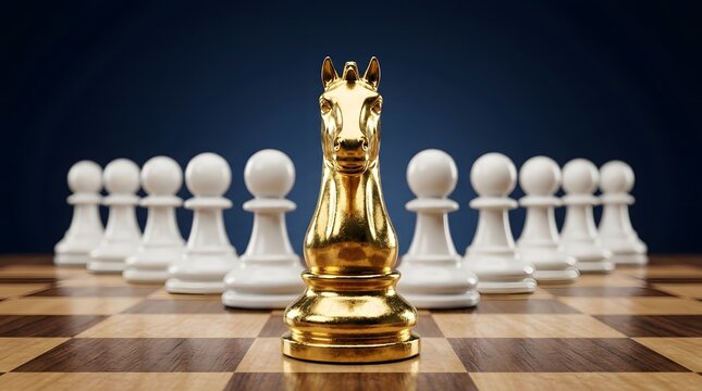 Golden chess knight standing prominently in front of a line of white pawns on a wooden chessboard, symbolizing leadership, strategic thinking, and individual strength in a competitive environment agai