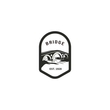 Monochromatic arch bridge over river vintage emblem logo design