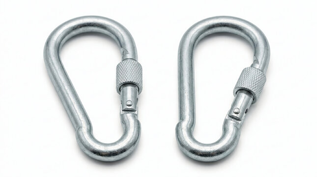 Two heavy-duty metal carabiner clips with screw-lock gates, perfect for climbing, camping, and securing gear outdoors with reliable fastening solutions