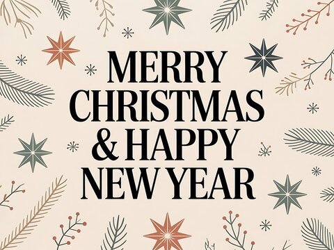 Merry Christmas and Happy New Year greeting card with pine branches and stars
