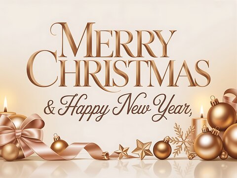 Merry Christmas and Happy New Year elegant golden greeting card design with festive ornaments