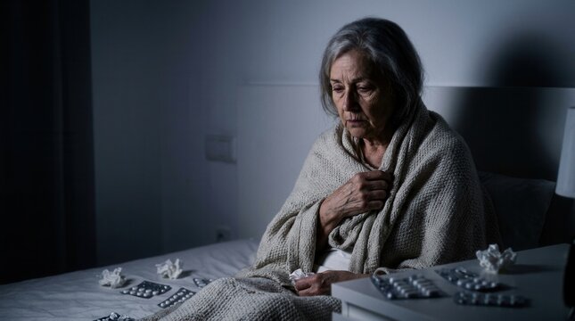 Elderly Woman Unwell In Bed Surrounded By Medication And Tissues