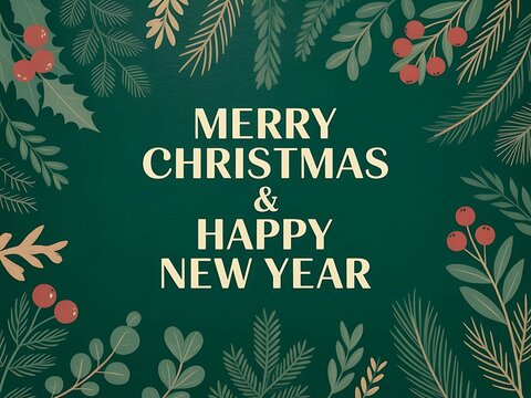 Merry Christmas and Happy New Year greeting card with decorative festive holiday botanical floral wreath design on dark green background