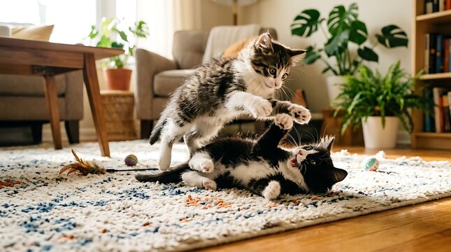 Two Playful Kittens Wrestling and Playing Together on Living Room Rug