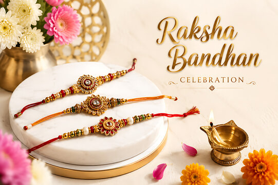 Raksha Bandhan Festival Celebration with Traditional Rakhi, Brother and Sister Bond, Rakhi Purnima, Rakhi Ceremony, Tilak, Kumkum, Akshat, Diya, Indian Sweets, Gifts, Flowers, Family Love, Protection