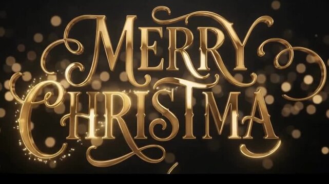 Merry Christmas golden text animation. Elegant holiday greeting with 3D metallic typography. Luxury gold lettering on dark bokeh background.