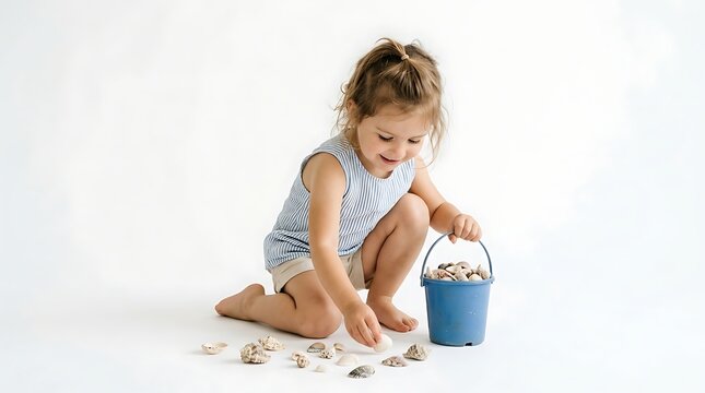 Happy toddler girl playing with seashells and a blue plastic bucket against white background with arranging examining collection while carefully arranging