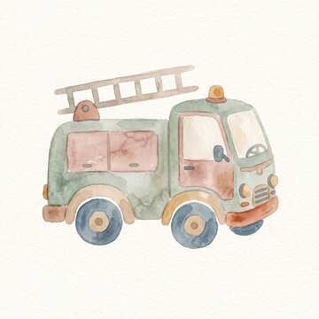 Cute Fire Truck Watercolor Illustration, Vintage Emergency Rescue Vehicle for Children