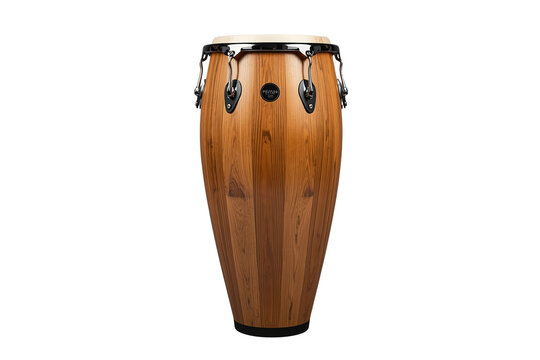 Wooden conga drum with black metal hardware and pale drumhead