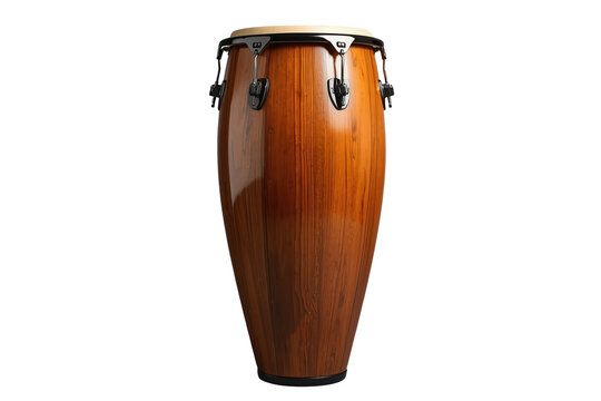 Polished warm brown conga drum with dark metal lugs and white drumhead