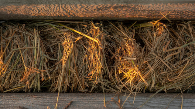 Photorealistic close-up of hay and straw texture in rustic dairy barn