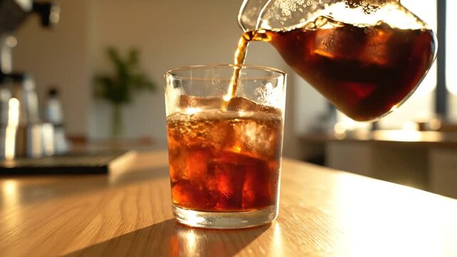 Pouring fresh cold brew coffee into a glass with ice on a sunny wooden counter.