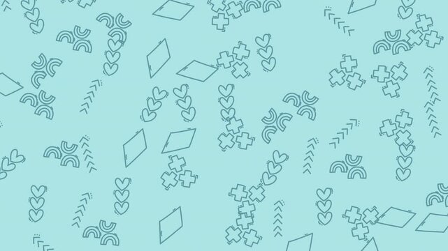 Abstract seamless pattern with hand drawn hearts and geometric shapes on a light blue background.