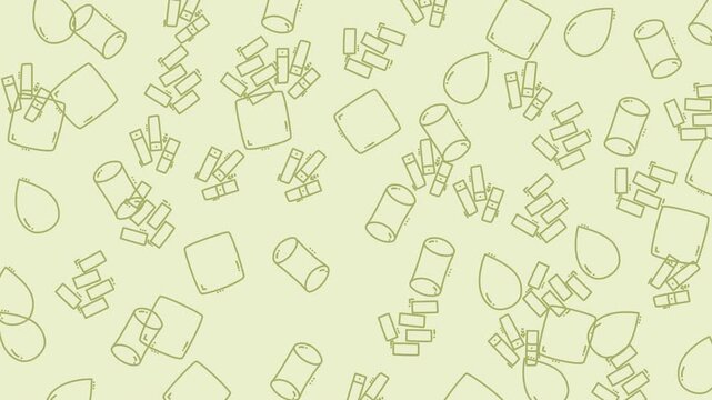 Seamless pattern background with outline icons of cosmetic containers and liquid drops.