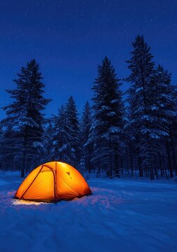 A bright orange tent glows against deep blue snow in a dense pine forest during a quiet winter twilight under a clear and starry night sky, ice, recreation, blue