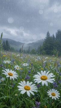 Daisy flowers in foreground of a rainy mountain meadow landscape