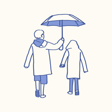 Couple Walking Together Under Umbrella on Rainy Day Hand Drawn Illustration, People Sharing Rain Protection Outdoors