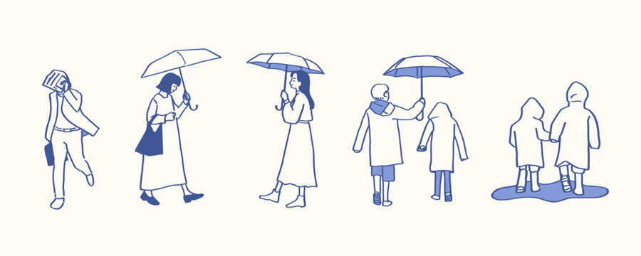 People Walking in Rain with Umbrellas and Raincoats Hand Drawn Doodle Illustration Set for Rainy Day and Wet Weather Concept