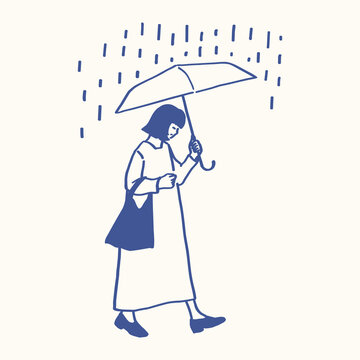 Woman Walking with Umbrella in Rain Hand Drawn Doodle Illustration, Female Person Outdoors on Rainy Day