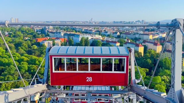 Aerial view of Vienna skyline from cabin 28 of the Wiener Riesenrad Ferris Wheel in Prater Park.