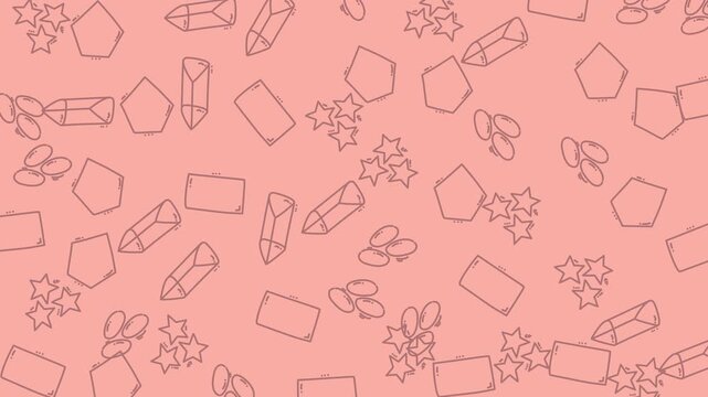 Seamless pattern with hand drawn crystals and stars on a soft pink background.