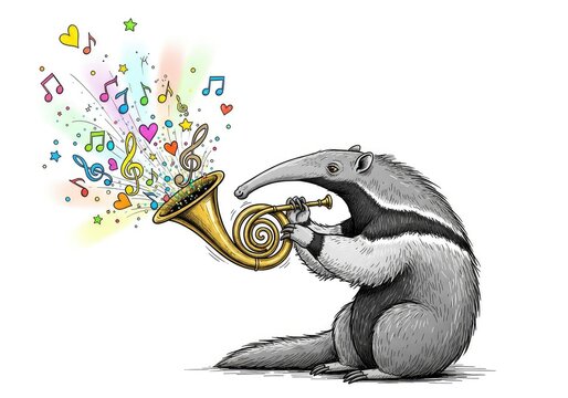 A whimsical sketch of a long-nosed anteater enthusiastically blowing into a curly brass horn at a colorful, festive musical sound party, quirky, mammal, joy