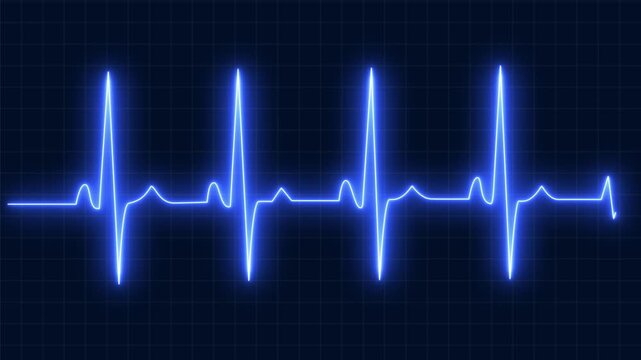 Neon line electrocardiogram animation. Neon ecg line animation video on black background. Heart beat. One pulse line. ECG heartbeat monitor, ECG monitor, Heart beating and pumping. 4K 