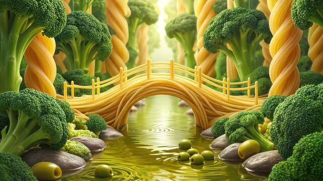 Whimsical landscape featuring bridge made of spaghetti crossing olive oil river. Surreal food art with broccoli trees and pasta pillars. Lockdown wide shot.
