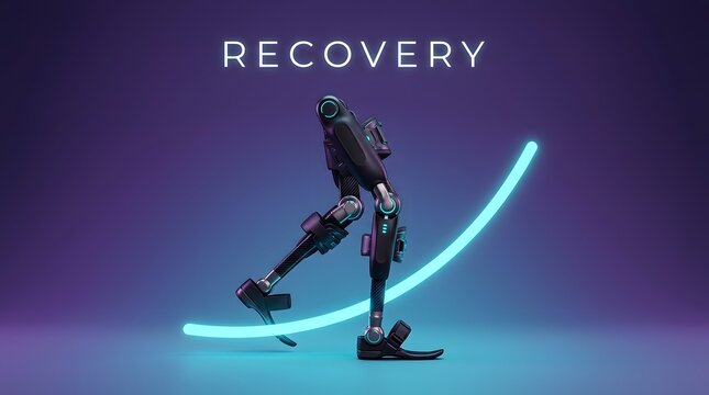 Recovery, prosthetic legs and robotic exoskeleton for medical rehabilitation, bionic health and walking technology. Artificial limb, mobility and therapy with mechanical gear for future science life