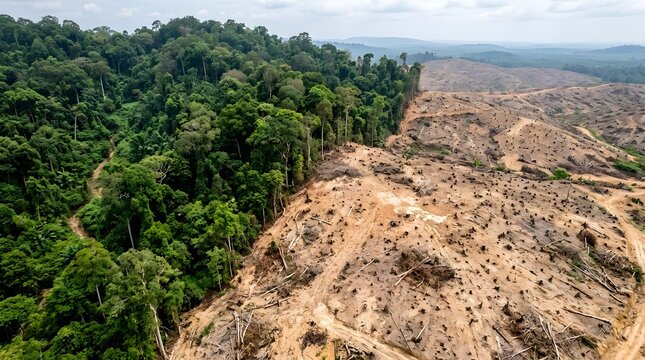 Aerial view showing stark contrast between dense lush green tropical rainforest and devastated barren deforested land with exposed brown soil surface.