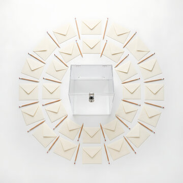 Clear acrylic ballot box surrounded by a circular pattern of cream envelopes and wooden pencils on white