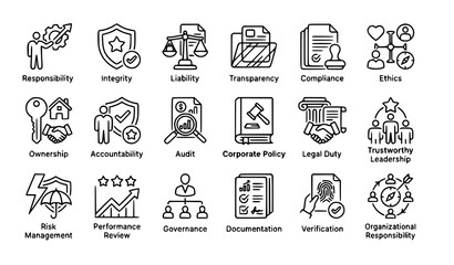 Fototapeta premium Modern accountability business line icon collection for responsibility compliance ethics governance transparency and corporate management