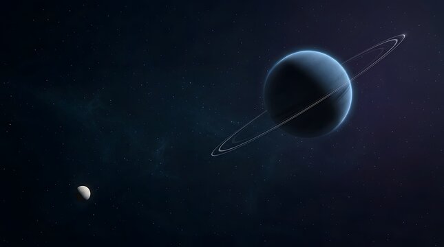 Planet, rings and moon in deep space with stars, galaxy and cosmic atmosphere for exploration, science and universe. Astronomy, celestial and solar system in night with gas giant, orbit and the void
