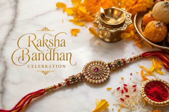 Raksha Bandhan Festival Celebration with Traditional Rakhi, Brother and Sister Bond, Rakhi Purnima, Rakhi Ceremony, Tilak, Kumkum, Akshat, Diya, Indian Sweets, Gifts, Flowers, Family Love, Protection