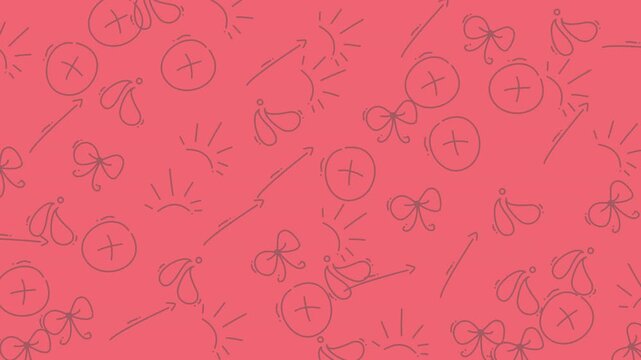 Seamless pattern background with hand drawn doodle bows and sun symbols on a pink surface.
