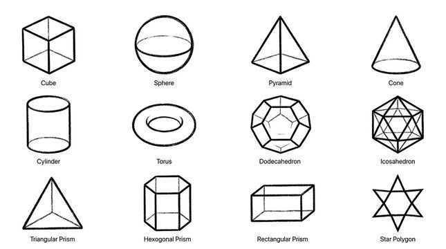 Collection of Geometric Shapes and Polyhedra in a Grid Layout