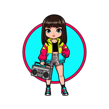 Chibi Girl in Retro 90s Fashion with Boombox Vector Illustration