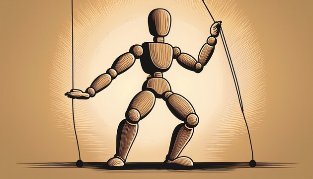wooden puppet resists string pull defiant pose craft artwork