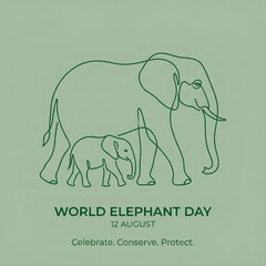 Naklejka premium World Elephant Day minimalist line art of mother and calf.