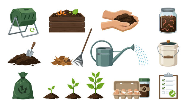 Organic Composting and Eco Friendly Gardening Icon Set with Compost Tumbler Worm Jar Soil Bin Rake Watering Can Sprout Stages and Recycling Elements