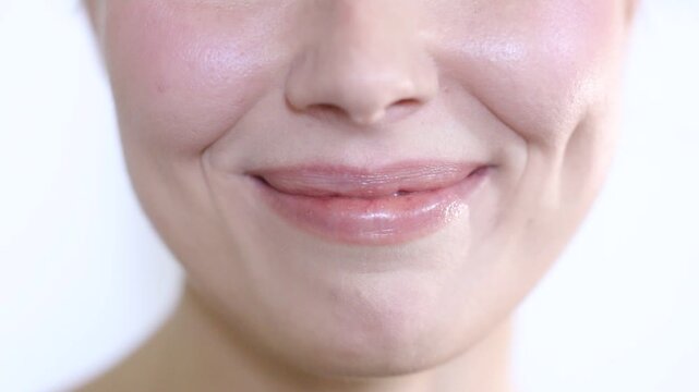 Close-up cute young woman smiling softly with a sweet natural smile