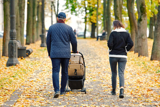 Couple walking with baby stroller in autumn park. Parents pushing pram along fall park path. Family walking down golden autumn tree alley.Man pushing beige baby stroller and woman walking beside him