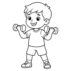 Happy little boy exercising with dumbbells for a healthy lifestyle in a black and white line art coloring page