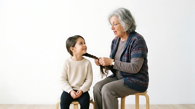 Elderly woman braiding hair of young girl sitting together on wooden stools against white background with portrays caring grandmother smiling granddaughter