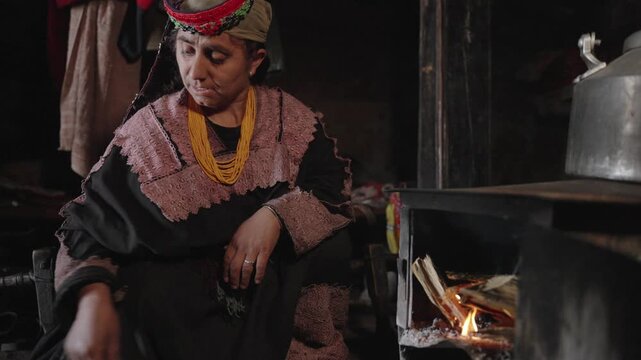 Portrait of Kalashi Woman making Household. Kalash People, Bumburet Valley, Chitral, Pakistan. Indigenous remoted Nation