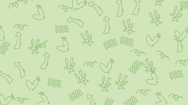 Seamless pattern with cute hand drawn doodle rabbits and hearts on a light green background.