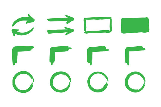 Green hand drawn doodle elements set including arrows rectangles corners and circles as clean cutout