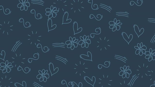 Seamless pattern background with hand drawn doodle flowers and hearts in blue tones.