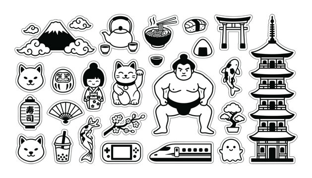 Black and White Japanese Culture Sticker Vector Set Featuring Pagoda Tower Sumo Wrestler Mount Fuji Sushi Torii Gate and Cute Traditional Icons