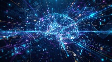 Fototapeta premium Artificial intelligence digital brain concept, glowing blue neural network with binary code, futuristic machine learning technology background